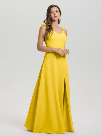 V-Neck Straps Back Tie Floor Length Chiffon Bridesmaid Dress with Slit