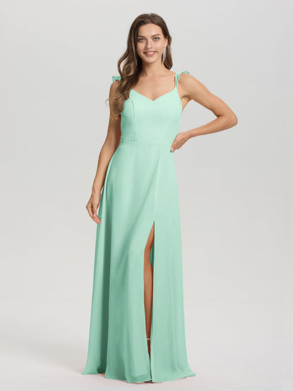 V-Neck Straps Back Tie Floor Length Chiffon Bridesmaid Dress with Slit
