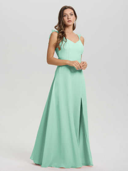 V-Neck Straps Back Tie Floor Length Chiffon Bridesmaid Dress with Slit