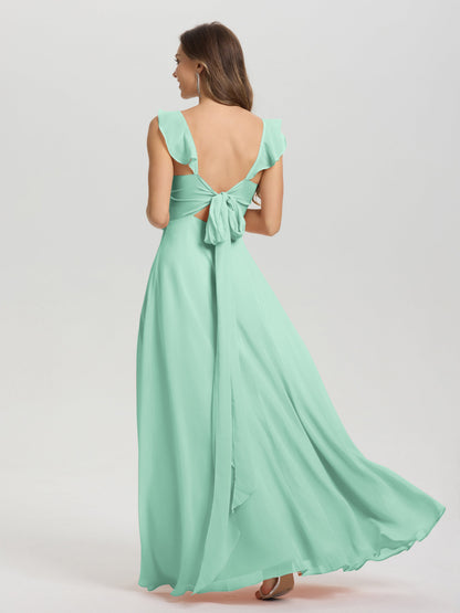 V-Neck Straps Back Tie Floor Length Chiffon Bridesmaid Dress with Slit