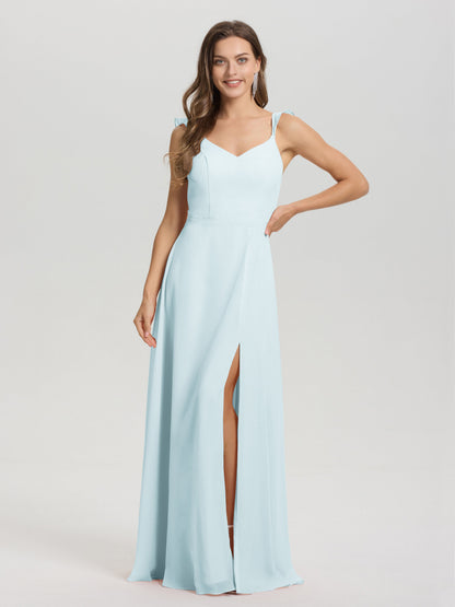 V-Neck Straps Back Tie Floor Length Chiffon Bridesmaid Dress with Slit
