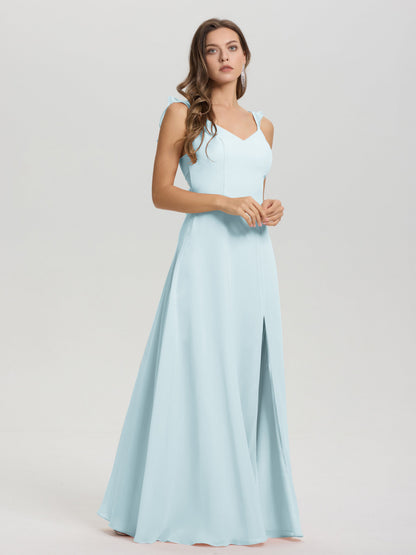 V-Neck Straps Back Tie Floor Length Chiffon Bridesmaid Dress with Slit