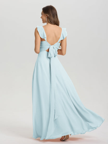 V-Neck Straps Back Tie Floor Length Chiffon Bridesmaid Dress with Slit