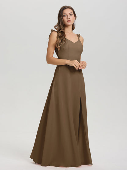V-Neck Straps Back Tie Floor Length Chiffon Bridesmaid Dress with Slit