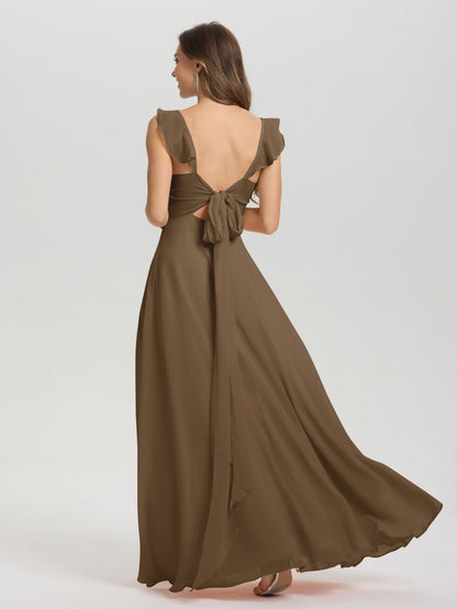 V-Neck Straps Back Tie Floor Length Chiffon Bridesmaid Dress with Slit