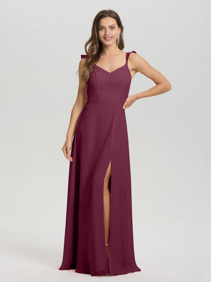 V-Neck Straps Back Tie Floor Length Chiffon Bridesmaid Dress with Slit