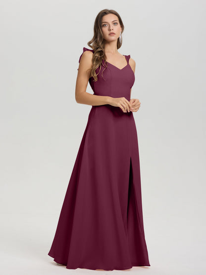 V-Neck Straps Back Tie Floor Length Chiffon Bridesmaid Dress with Slit