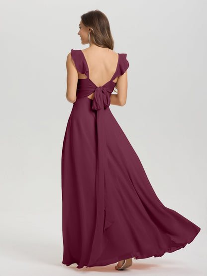 V-Neck Straps Back Tie Floor Length Chiffon Bridesmaid Dress with Slit