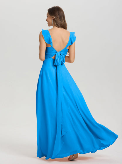 V-Neck Straps Back Tie Floor Length Chiffon Bridesmaid Dress with Slit
