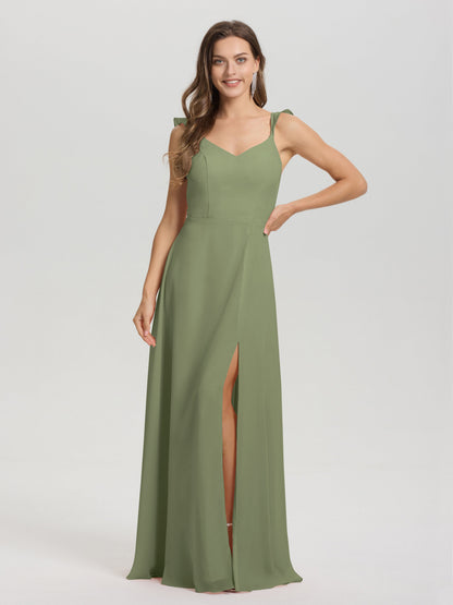 V-Neck Straps Back Tie Floor Length Chiffon Bridesmaid Dress with Slit