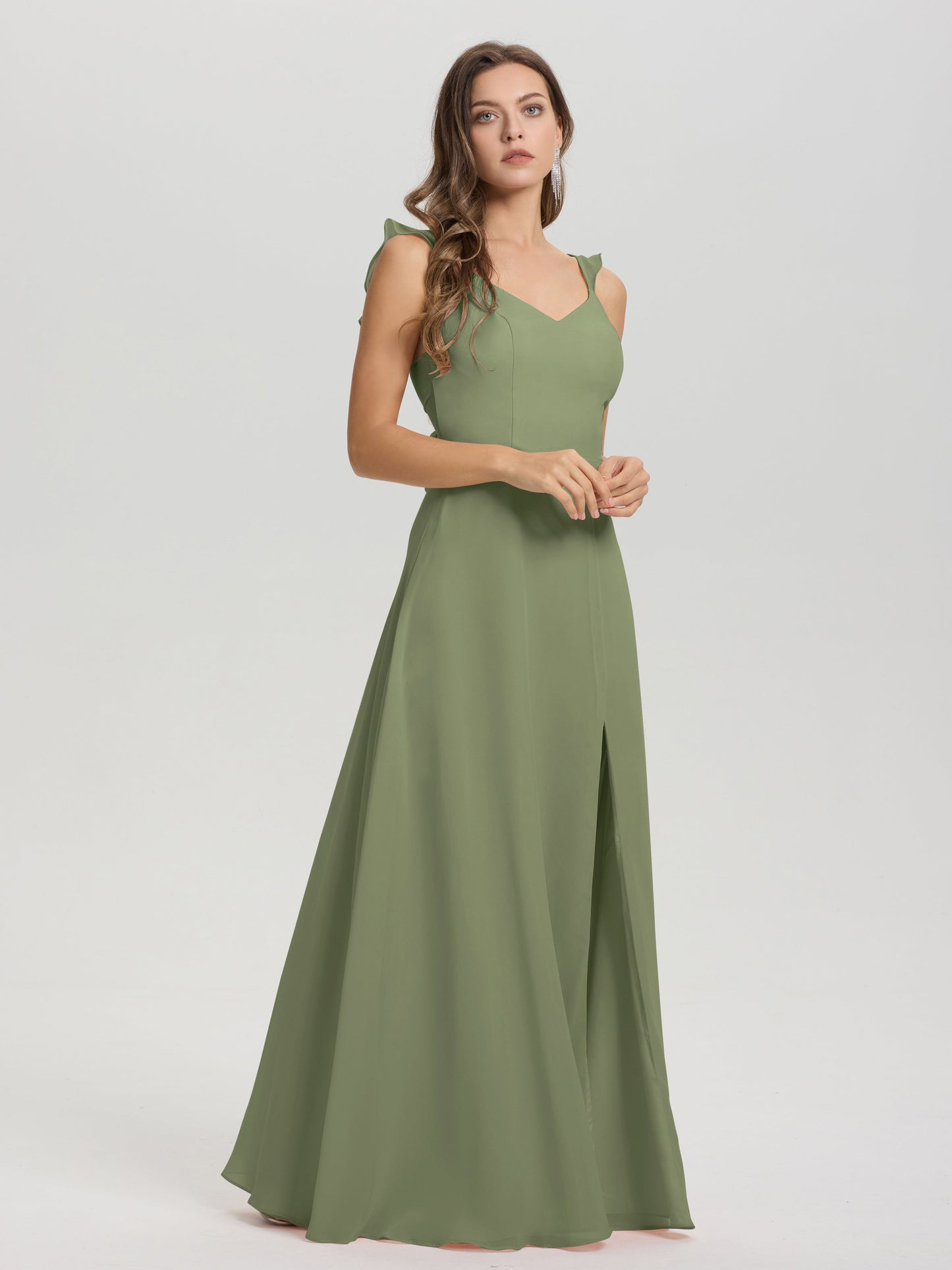 V-Neck Straps Back Tie Floor Length Chiffon Bridesmaid Dress with Slit