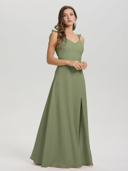 V-Neck Straps Back Tie Floor Length Chiffon Bridesmaid Dress with Slit