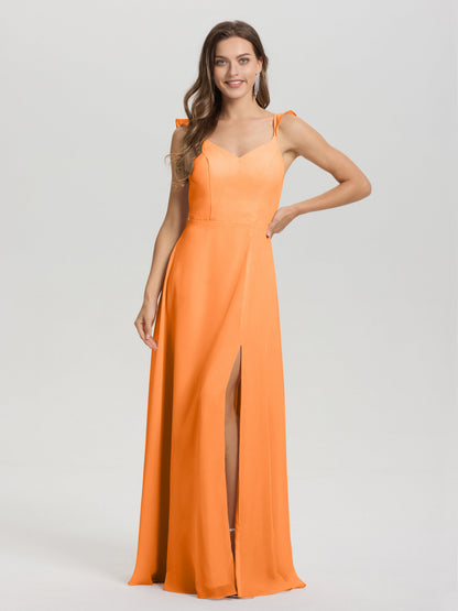 V-Neck Straps Back Tie Floor Length Chiffon Bridesmaid Dress with Slit