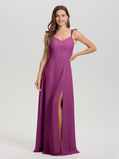 V-Neck Straps Back Tie Floor Length Chiffon Bridesmaid Dress with Slit