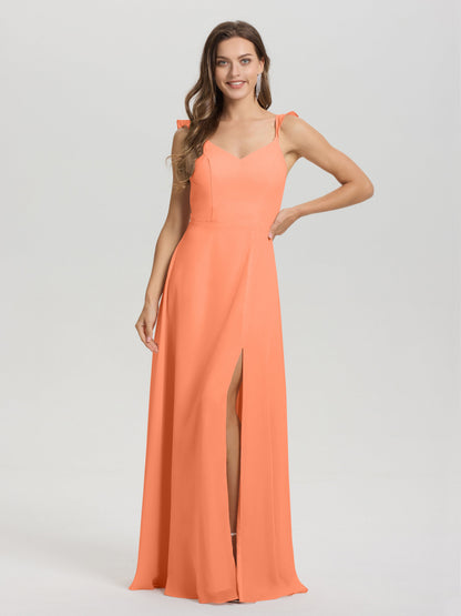 V-Neck Straps Back Tie Floor Length Chiffon Bridesmaid Dress with Slit