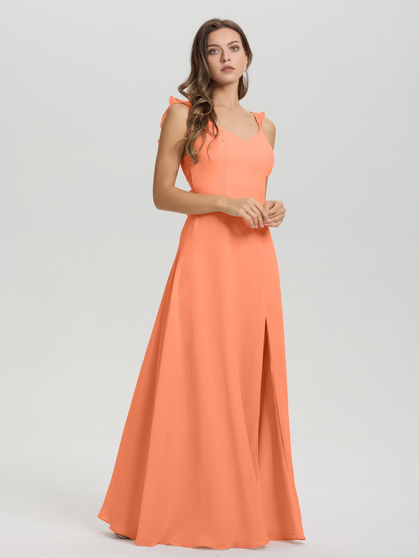 V-Neck Straps Back Tie Floor Length Chiffon Bridesmaid Dress with Slit