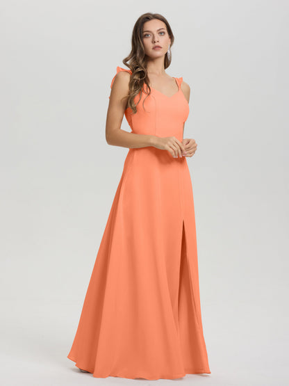 V-Neck Straps Back Tie Floor Length Chiffon Bridesmaid Dress with Slit