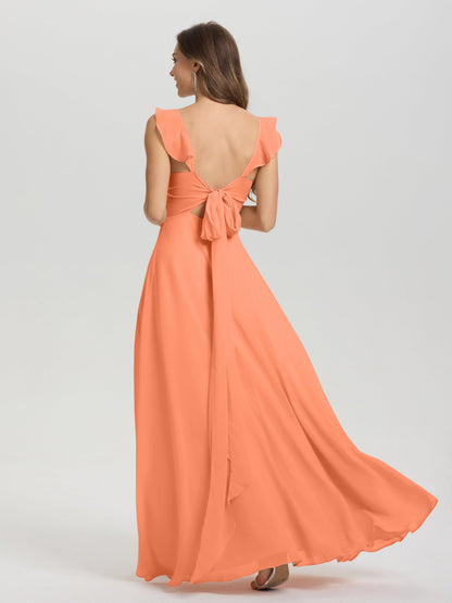 V-Neck Straps Back Tie Floor Length Chiffon Bridesmaid Dress with Slit