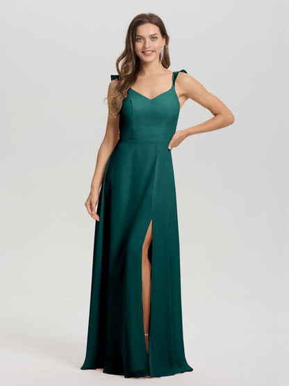 V-Neck Straps Back Tie Floor Length Chiffon Bridesmaid Dress with Slit