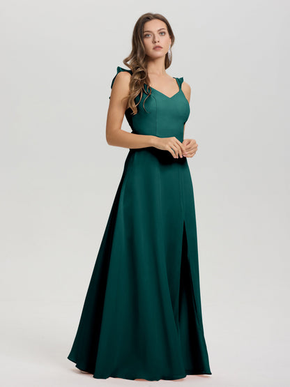V-Neck Straps Back Tie Floor Length Chiffon Bridesmaid Dress with Slit