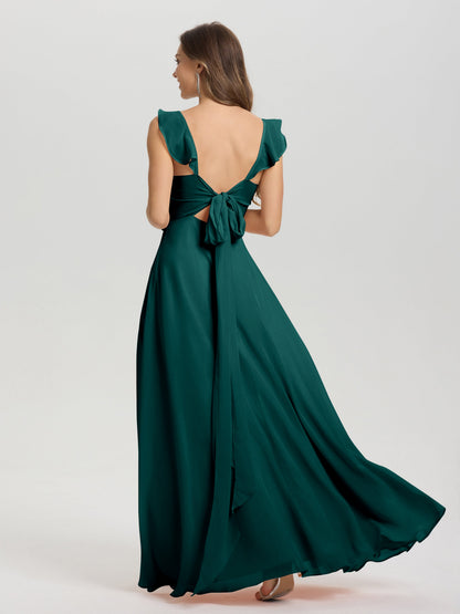 V-Neck Straps Back Tie Floor Length Chiffon Bridesmaid Dress with Slit
