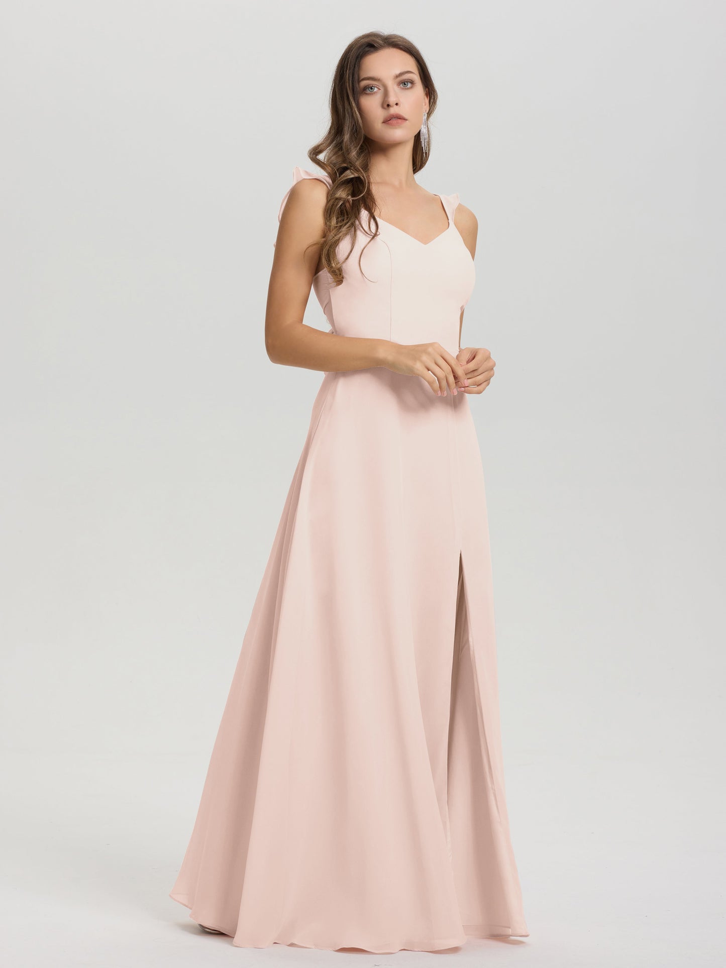 V-Neck Straps Back Tie Floor Length Chiffon Bridesmaid Dress with Slit