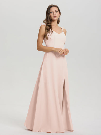 V-Neck Straps Back Tie Floor Length Chiffon Bridesmaid Dress with Slit