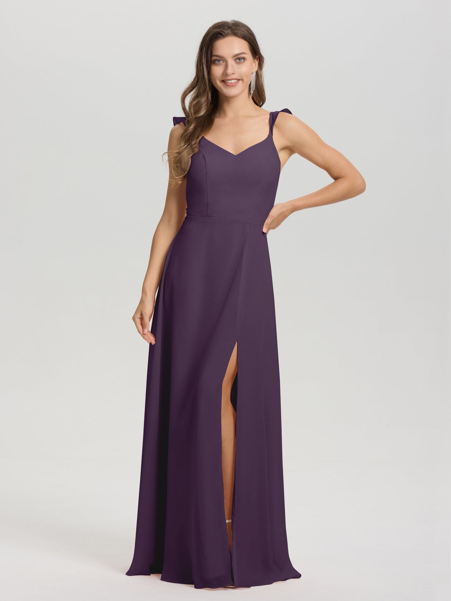 V-Neck Straps Back Tie Floor Length Chiffon Bridesmaid Dress with Slit