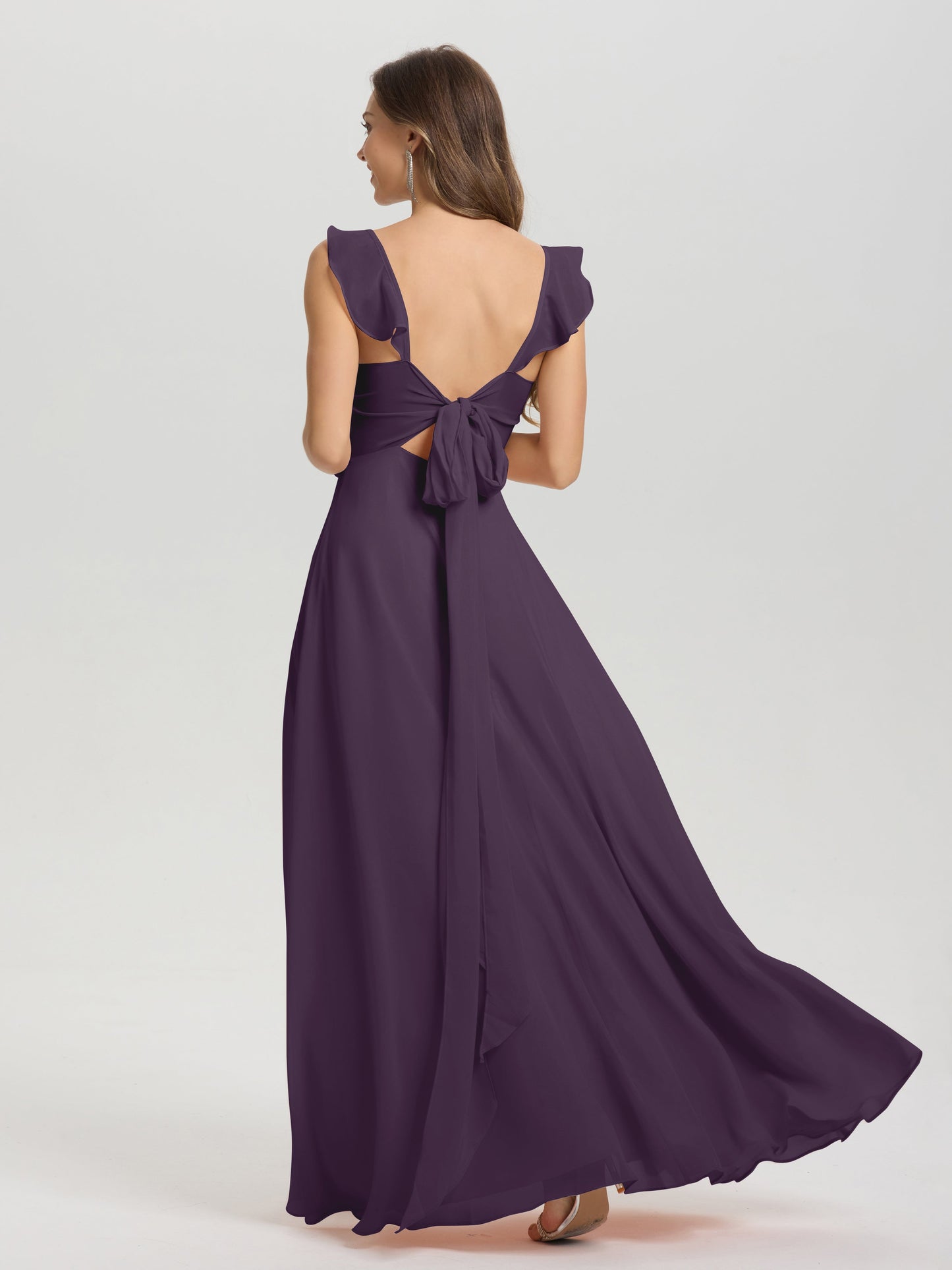 V-Neck Straps Back Tie Floor Length Chiffon Bridesmaid Dress with Slit