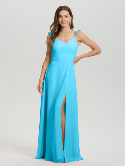 V-Neck Straps Back Tie Floor Length Chiffon Bridesmaid Dress with Slit