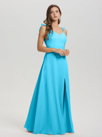 V-Neck Straps Back Tie Floor Length Chiffon Bridesmaid Dress with Slit
