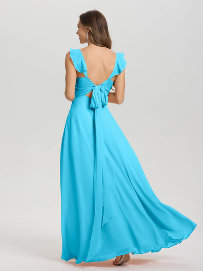 V-Neck Straps Back Tie Floor Length Chiffon Bridesmaid Dress with Slit