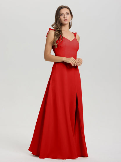 V-Neck Straps Back Tie Floor Length Chiffon Bridesmaid Dress with Slit