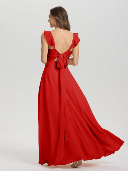 V-Neck Straps Back Tie Floor Length Chiffon Bridesmaid Dress with Slit