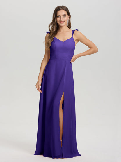 V-Neck Straps Back Tie Floor Length Chiffon Bridesmaid Dress with Slit