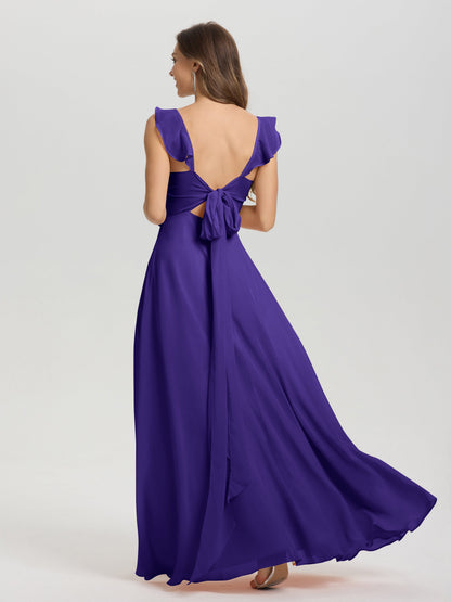 V-Neck Straps Back Tie Floor Length Chiffon Bridesmaid Dress with Slit