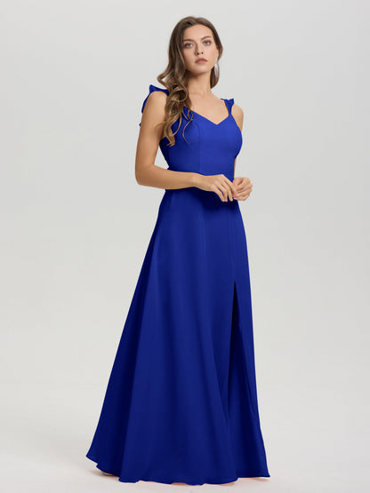 V-Neck Straps Back Tie Floor Length Chiffon Bridesmaid Dress with Slit