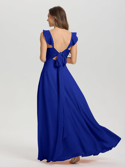 V-Neck Straps Back Tie Floor Length Chiffon Bridesmaid Dress with Slit
