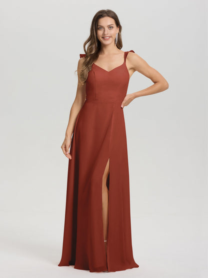 V-Neck Straps Back Tie Floor Length Chiffon Bridesmaid Dress with Slit