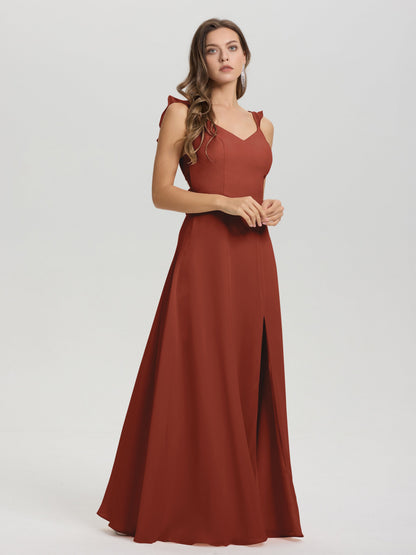 V-Neck Straps Back Tie Floor Length Chiffon Bridesmaid Dress with Slit