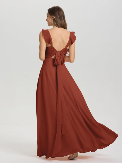 V-Neck Straps Back Tie Floor Length Chiffon Bridesmaid Dress with Slit