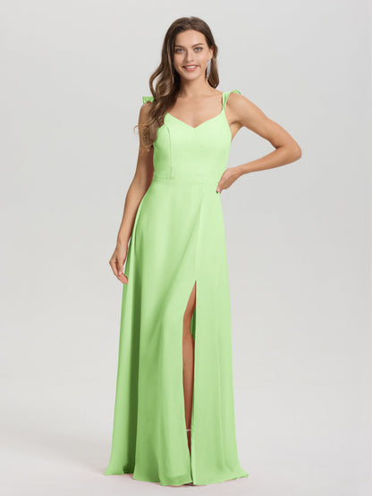 V-Neck Straps Back Tie Floor Length Chiffon Bridesmaid Dress with Slit