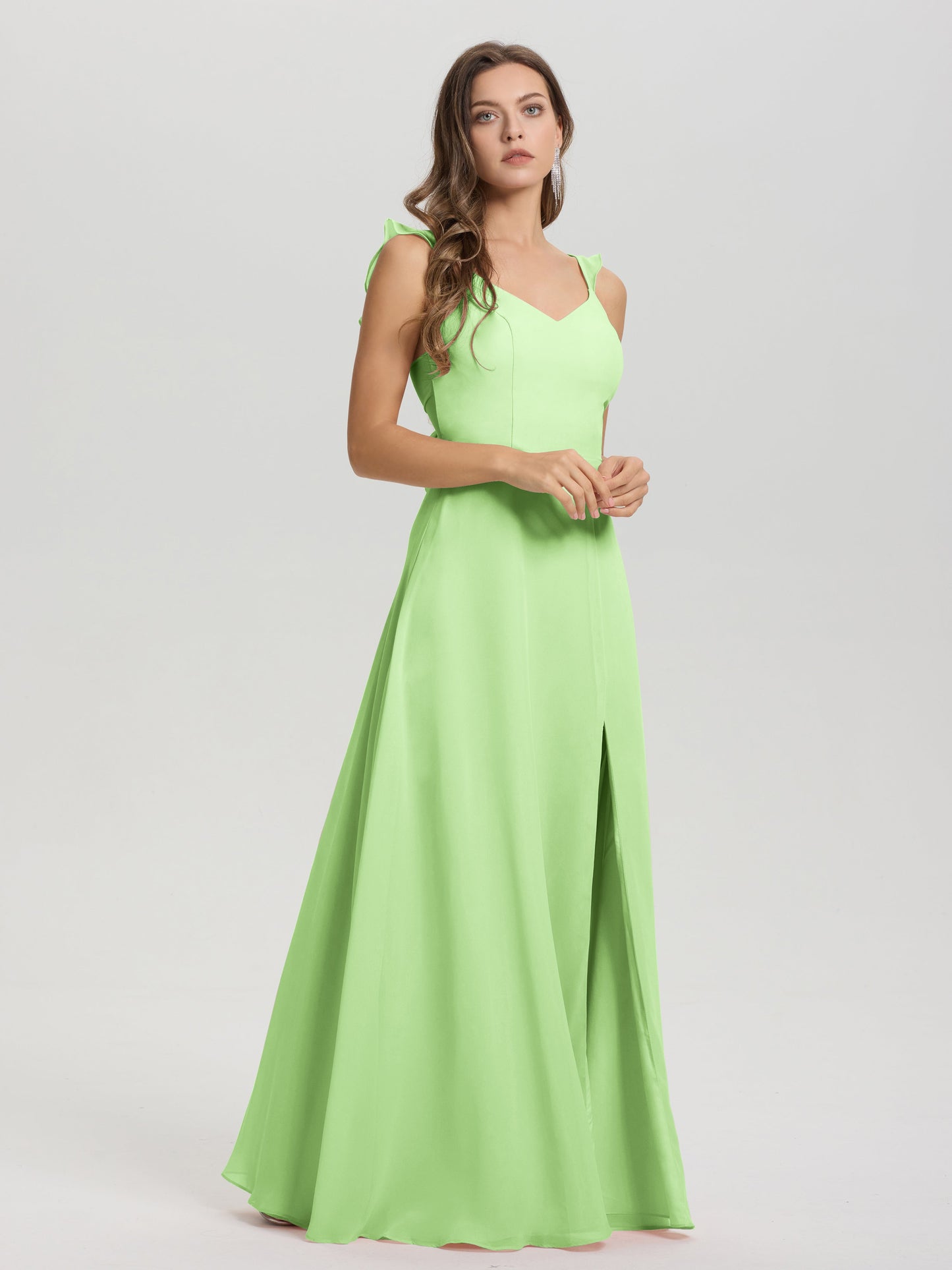 V-Neck Straps Back Tie Floor Length Chiffon Bridesmaid Dress with Slit