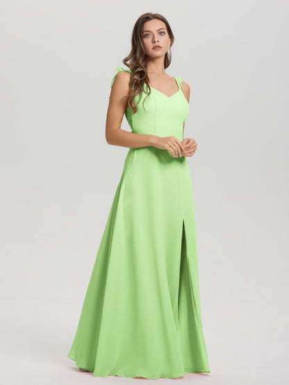 V-Neck Straps Back Tie Floor Length Chiffon Bridesmaid Dress with Slit