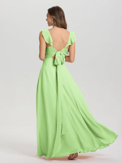 V-Neck Straps Back Tie Floor Length Chiffon Bridesmaid Dress with Slit