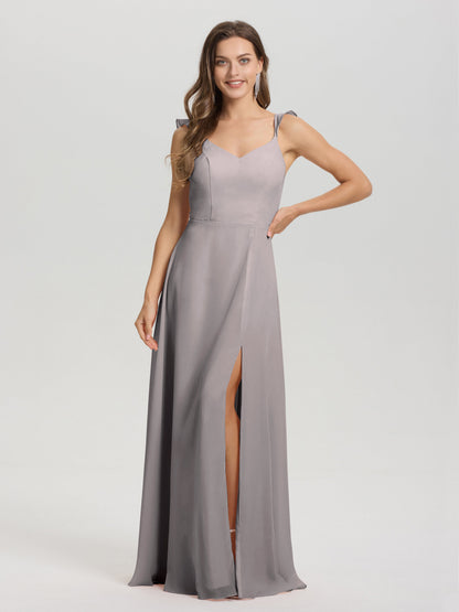 V-Neck Straps Back Tie Floor Length Chiffon Bridesmaid Dress with Slit