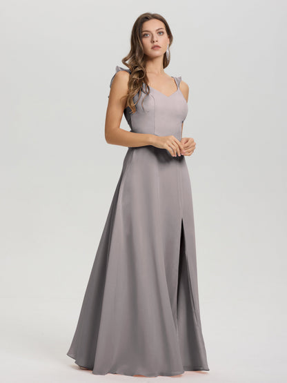 V-Neck Straps Back Tie Floor Length Chiffon Bridesmaid Dress with Slit