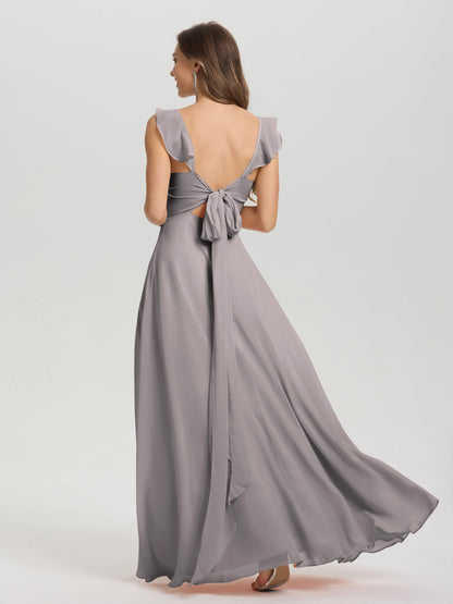 V-Neck Straps Back Tie Floor Length Chiffon Bridesmaid Dress with Slit