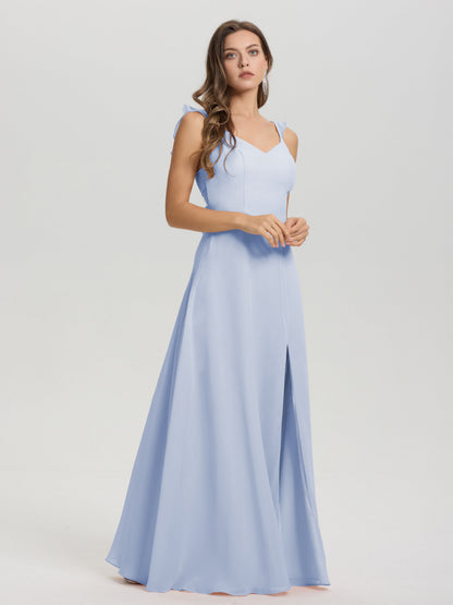 V-Neck Straps Back Tie Floor Length Chiffon Bridesmaid Dress with Slit