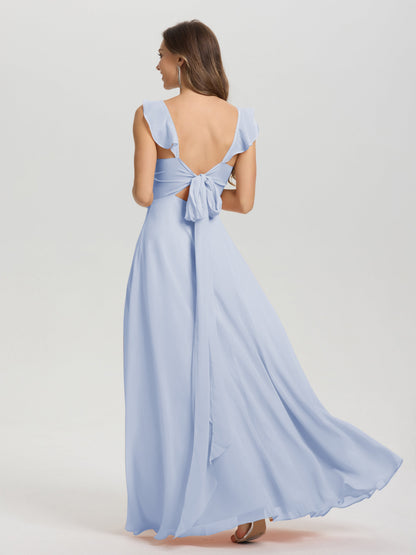 V-Neck Straps Back Tie Floor Length Chiffon Bridesmaid Dress with Slit